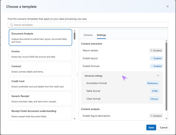 Content Understanding Studio's template picker with Document Analysis selected for the fictional test.