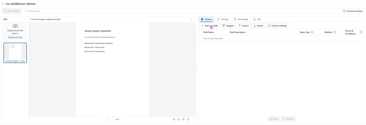 The fictional PDF open in Content Understanding Studio before any extracted fields were loaded.