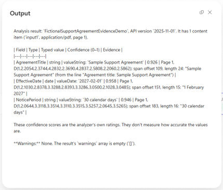 The successful Copilot Studio Agent-node output for the fictional PDF, showing the three returned values, confidence scores, source spans, and no warnings; browser and account details are cropped away.